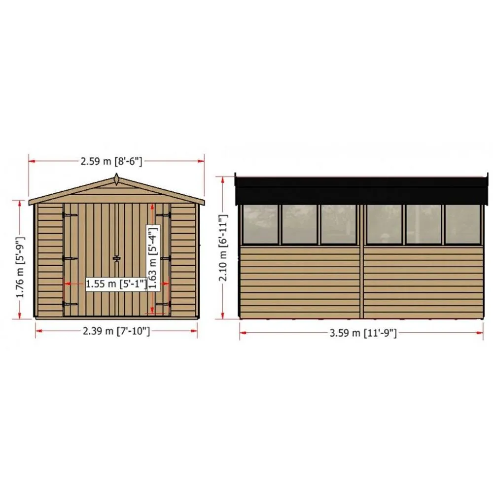 Shires Overlap 12 x 8 Feet Dip Treated Apex Shed Double Door with Windows in Brown 2