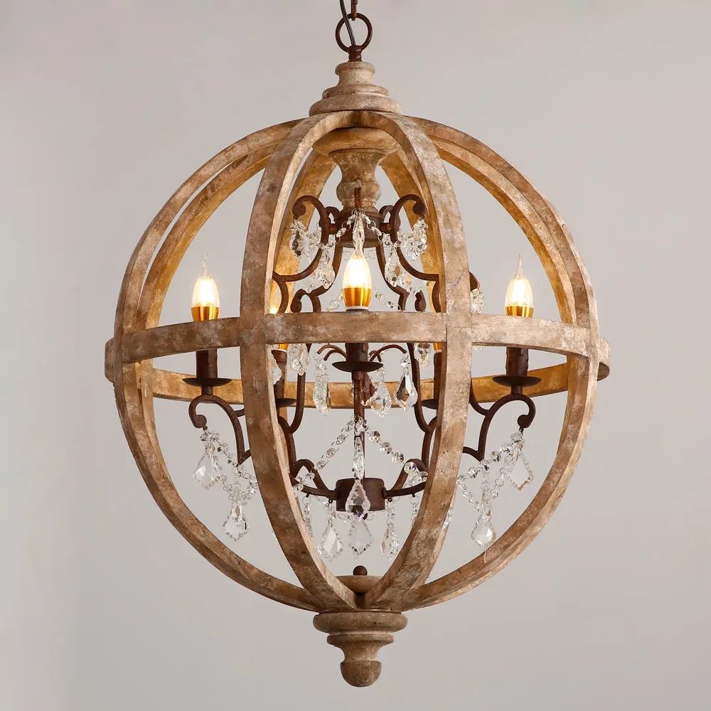 Retro Rustic Weathered Wooden Globe Caged Rust Metal Scroll Crystal 5-Light Chandelier