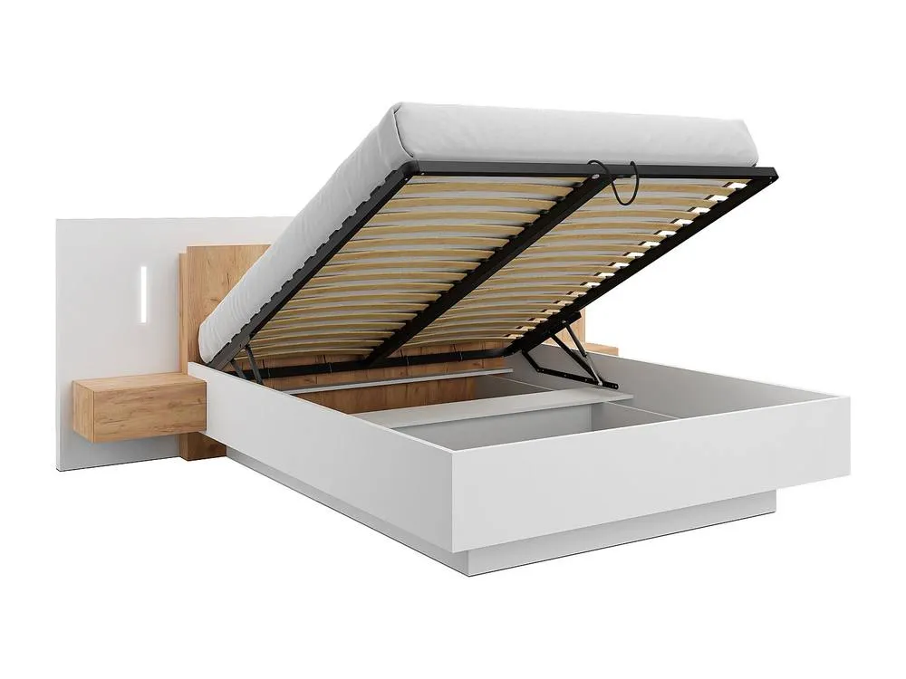 Vente-unique Ottoman Bed With Bedside Tables 160 X 200 Cm - 2 Drawers - With LED in Light Oak 2