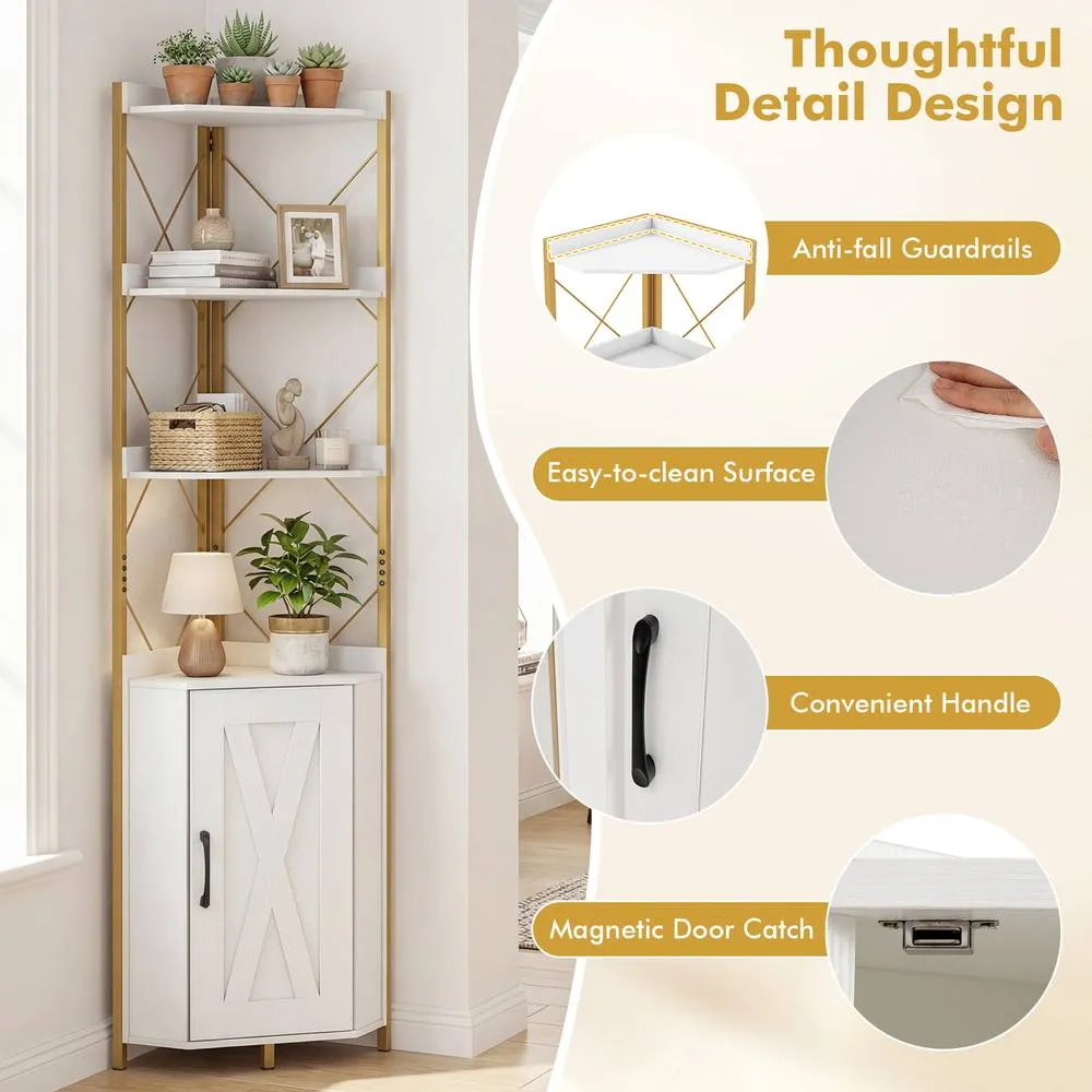 Costway Modern Corner Shelf 180cm Tall Corner Cabinet Bookshelf Display Rack in White 2