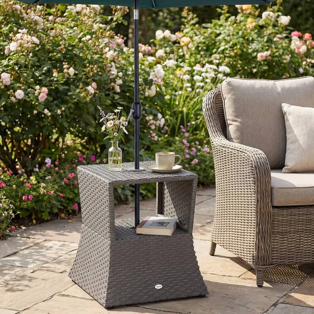 OUTSUNNY Rattan Wicker Tea Coffee Table w/ Umbrella Hole Dark Grey