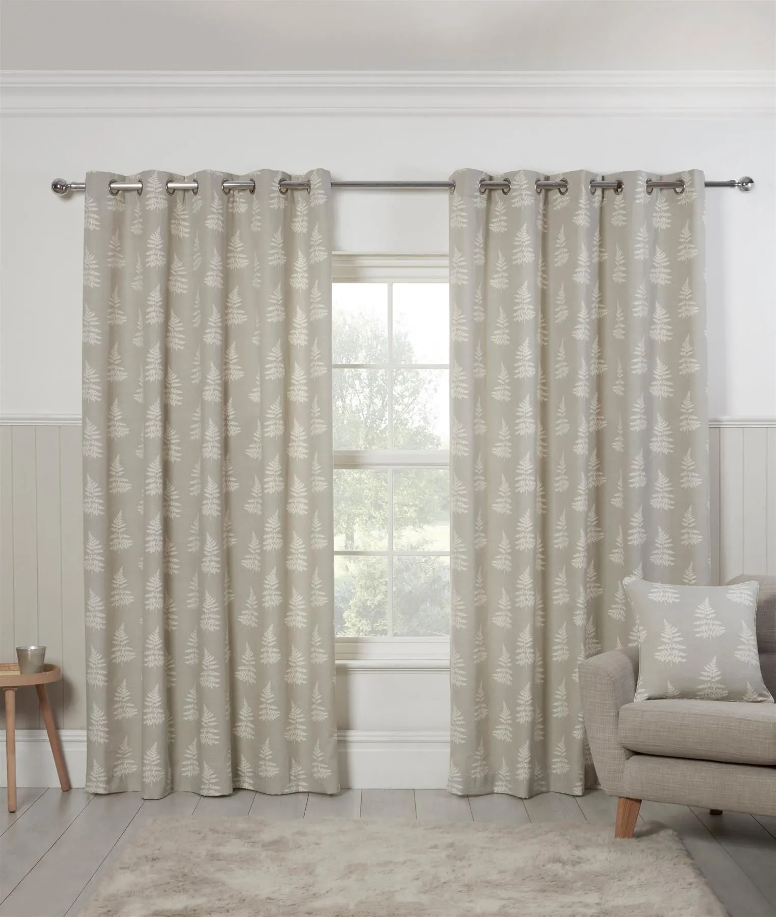 Sundour Esher Fern Leaf Eyelet Curtains in Grey 1