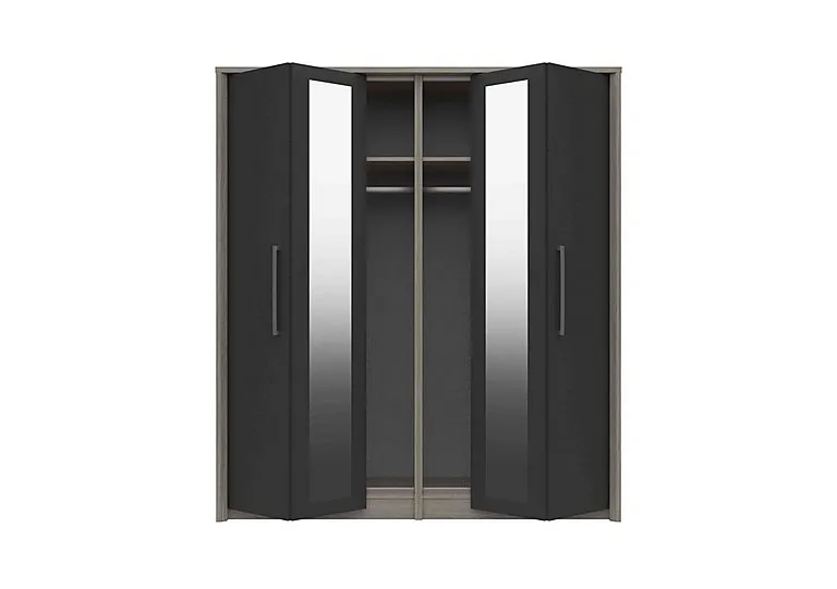 Euston 4 Door Bifold Wardrobe with Mirrors - Grey Oak/Graphite Gloss