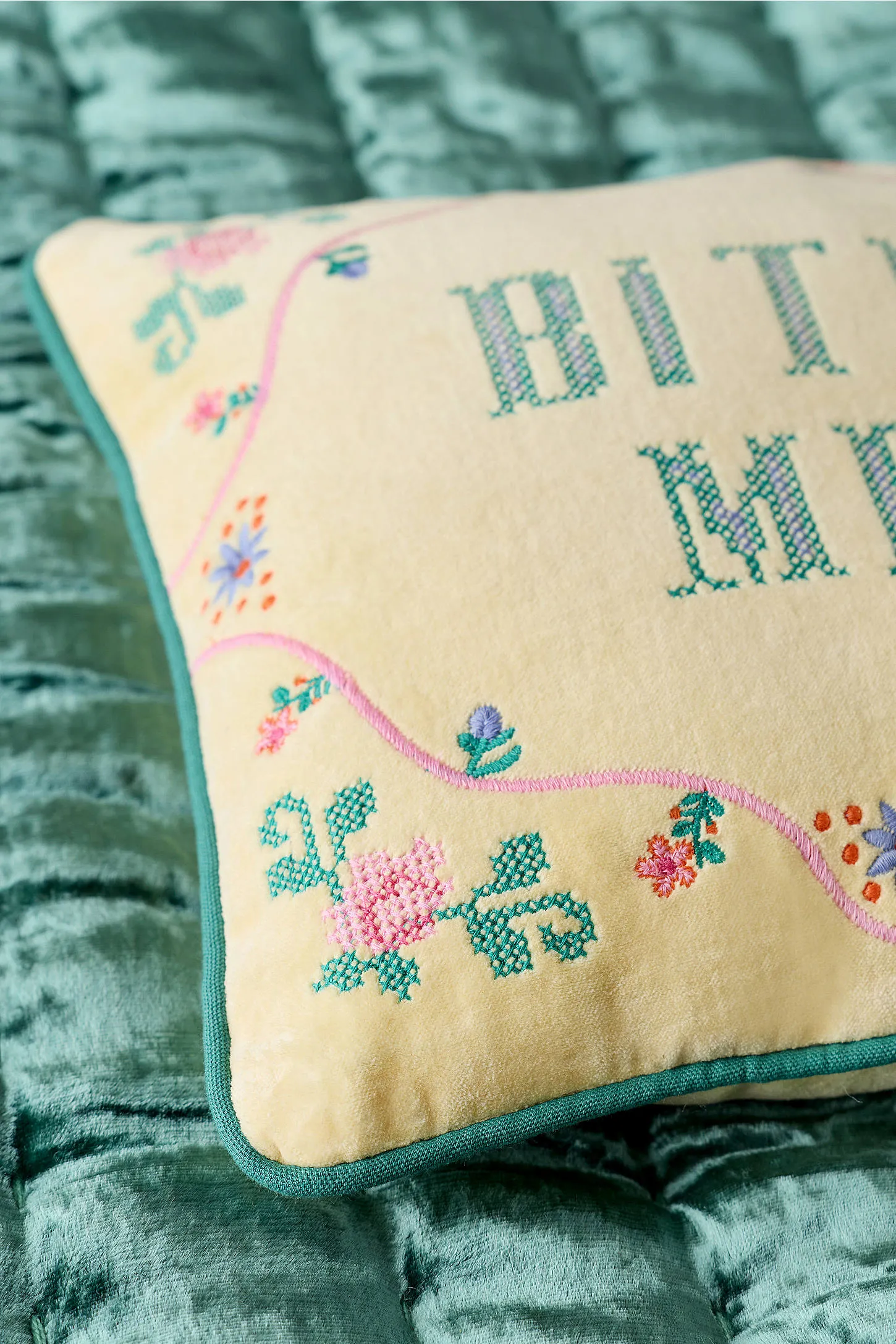 Bite Me Velvet Cushion - Yellow 2