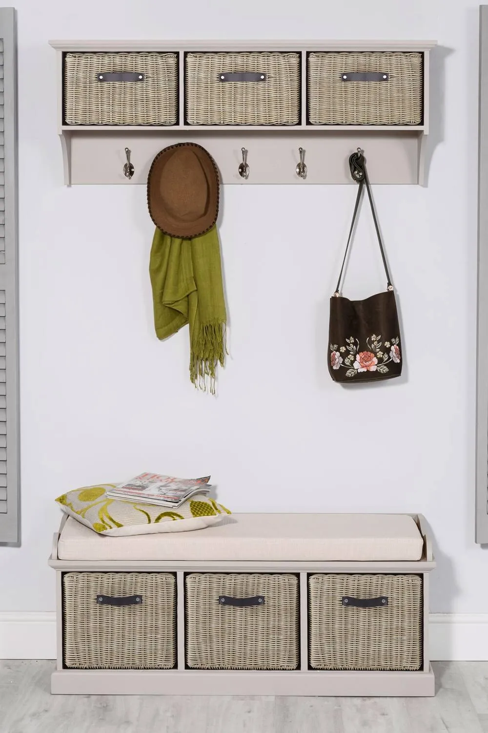 Statement Furniture Tetbury 3 Brown Faux Rattan Basket & Cream Cushion Hallway Set in Taupe 1