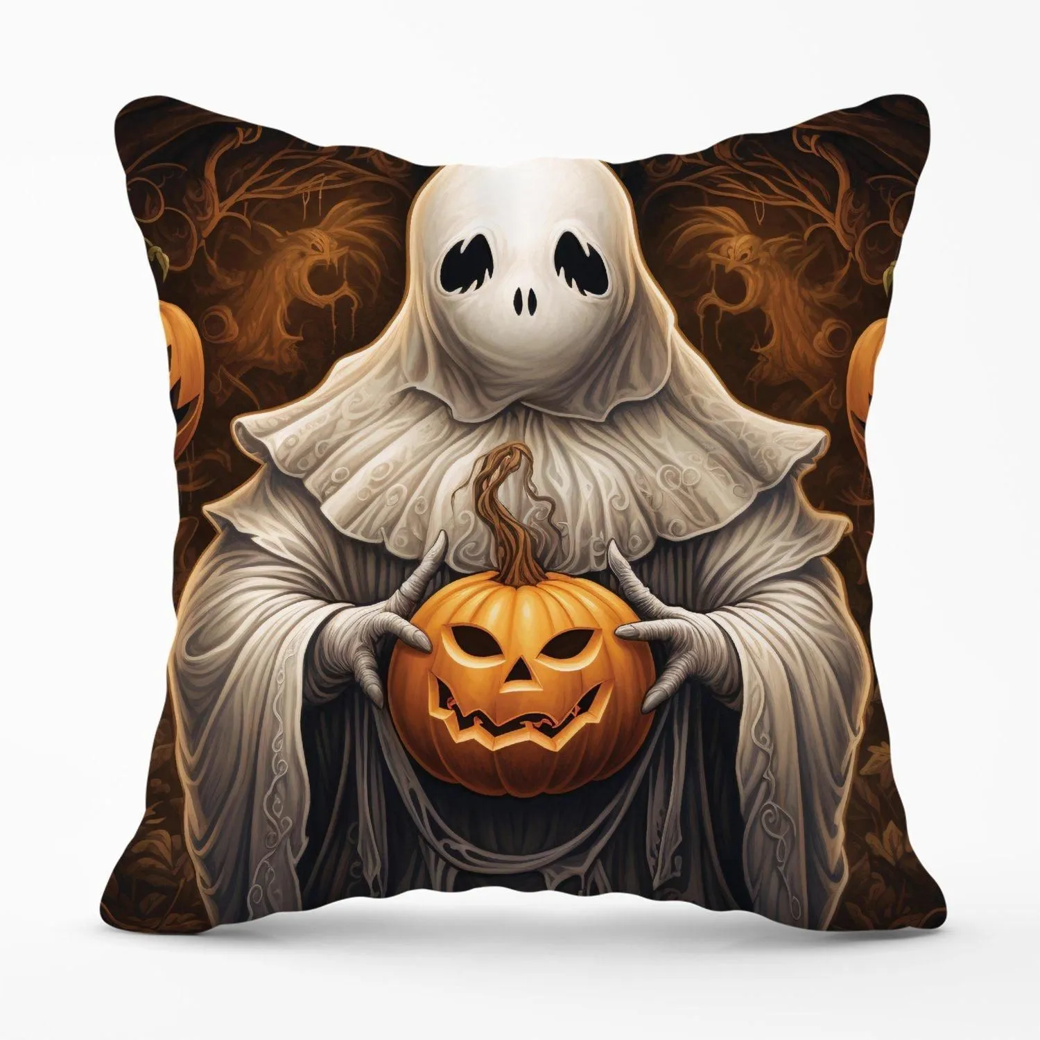 Warren Reed - Designer Spooky White Ghost Holding Pumpkin Outdoor Cushion