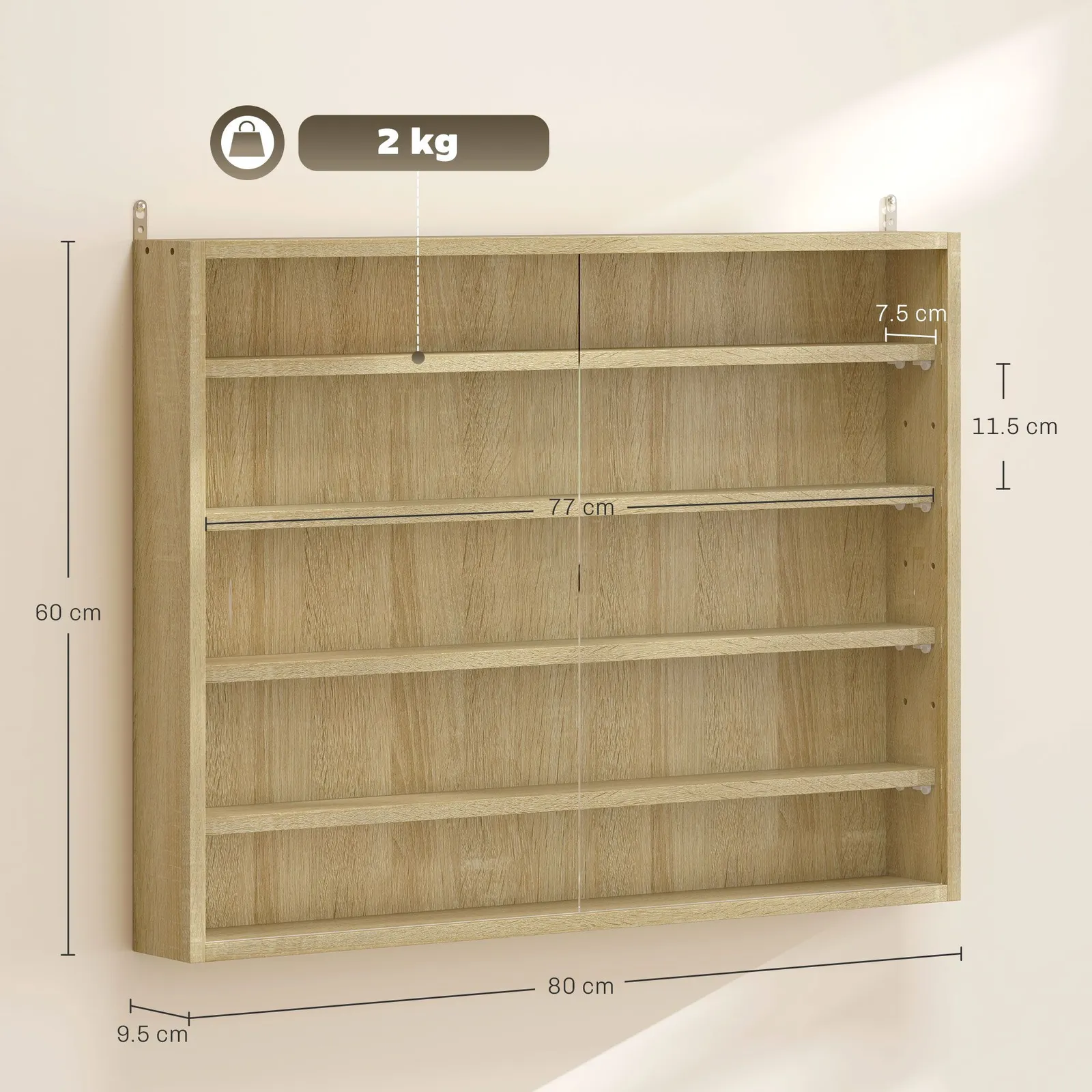 HOMCOM 5-Tier Wall Display Shelf Unit Cabinet w/ Shelves Glass Doors in Light Brown 3