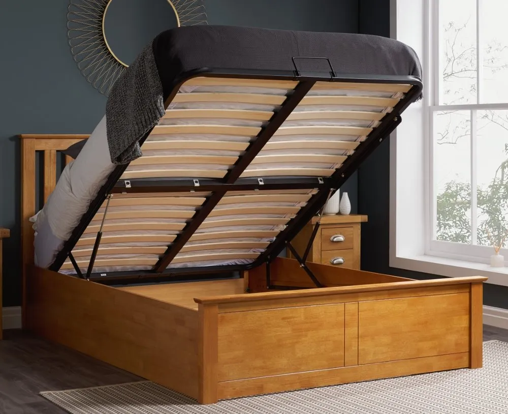 Phoenix - Double -  Oak Finish Wooden Ottoman Storage Bed Frame - Double - Happy Beds 1