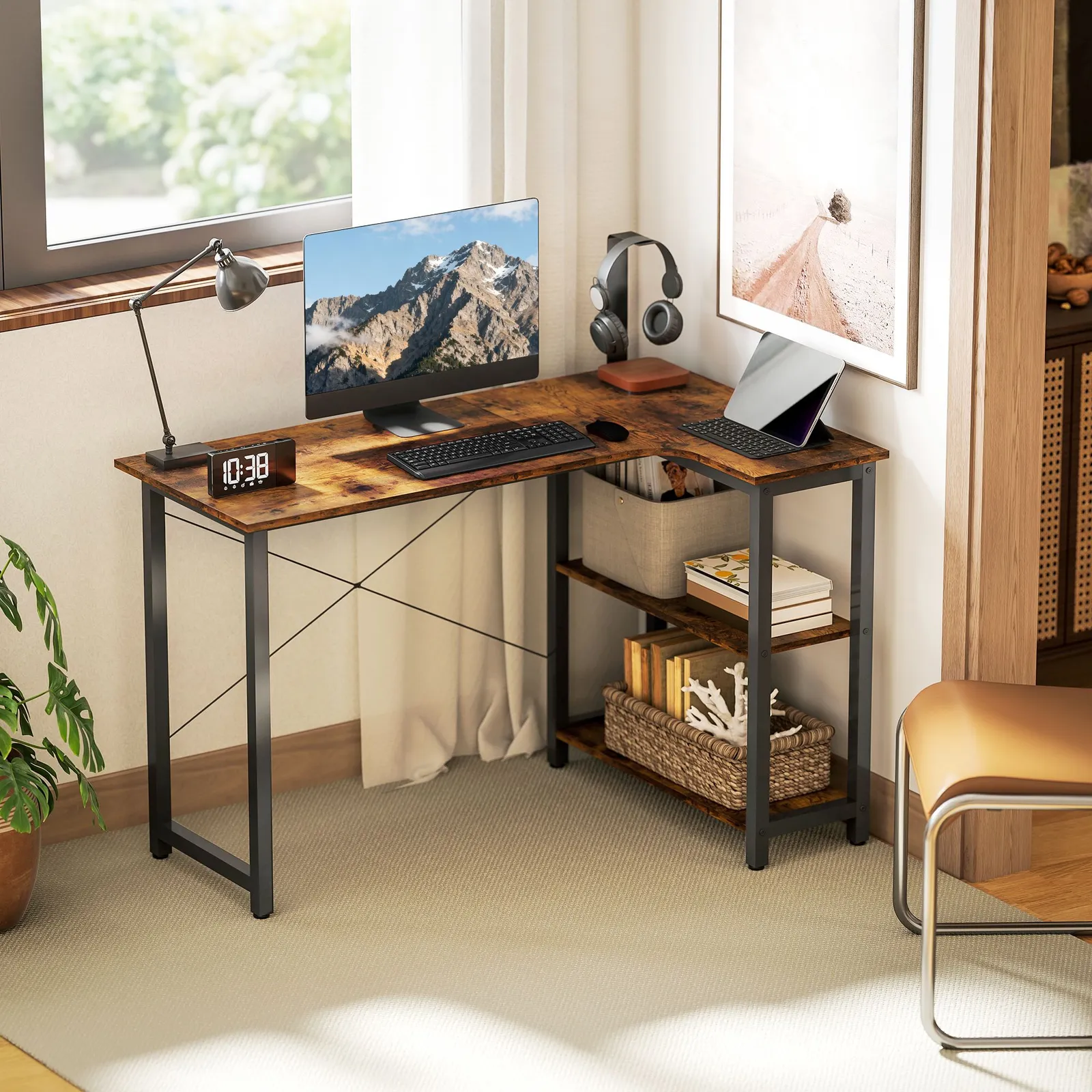 HOMCOM L-Shaped Computer Desk Study Workstation with 2 Shelves, Steel Frame in Brown