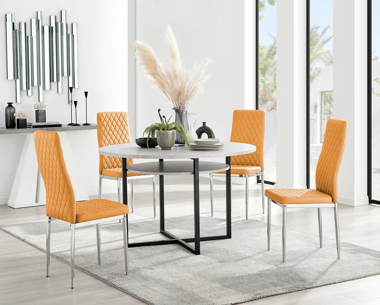 FurnitureboxUK Adley Grey Concrete Effect Round Dining Table & 4 Milan Chrome Leg Faux Leather Chairs in Mustard 1