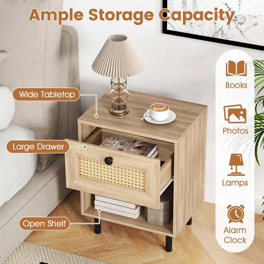 Costway Set of 2 Rattan Nightstand Boho Style Bedside Table with Drawer in Natural 5