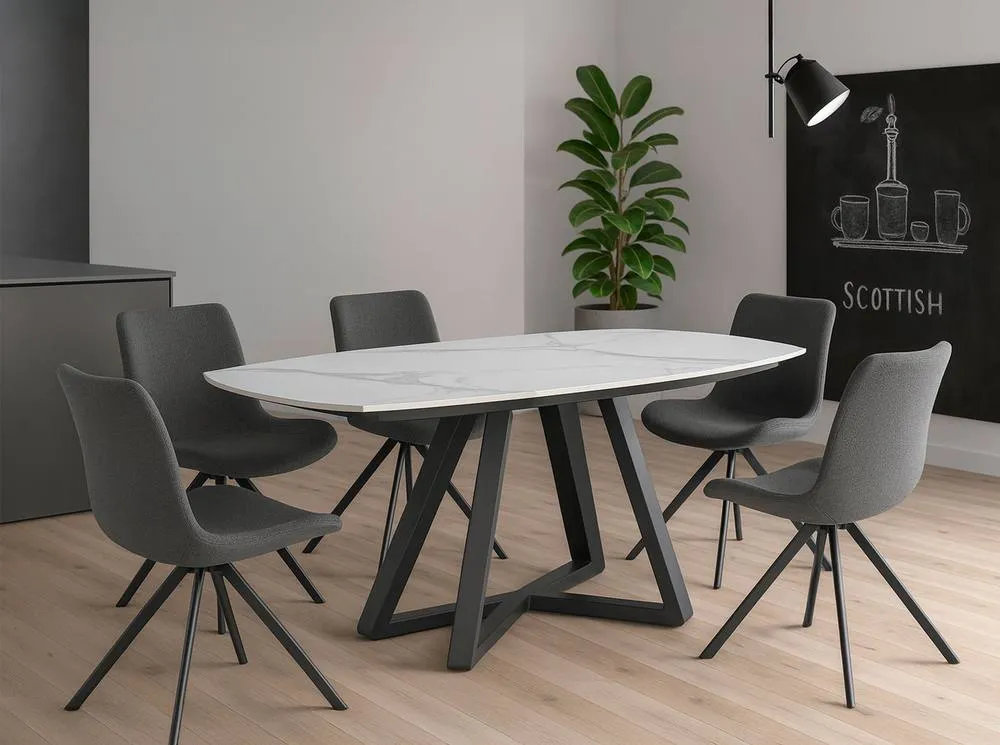 Angel Cerda Oval Extendable Dining Table, Porcelain Marble, Black Steel Legs 6