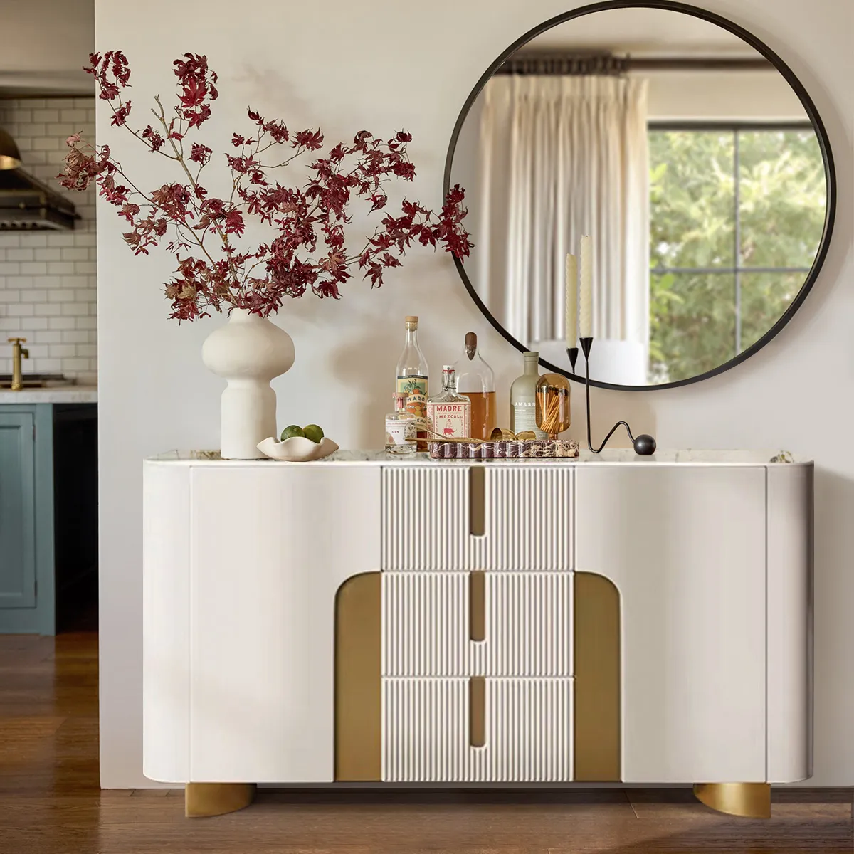 Artis Modern White 59"W Sintered Stone Sideboard 3 Drawers Kitchen Buffet Table