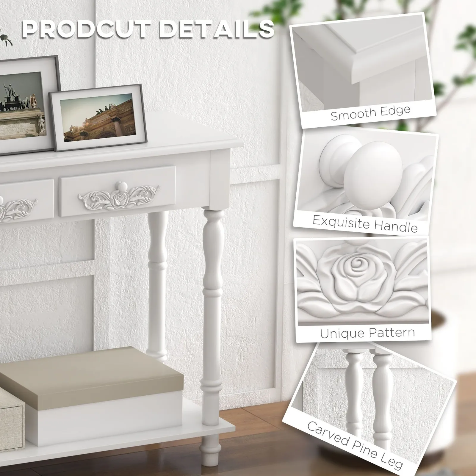HOMCOM Console End Table Entryway Cupboard 2 Drawers Storage in White 6