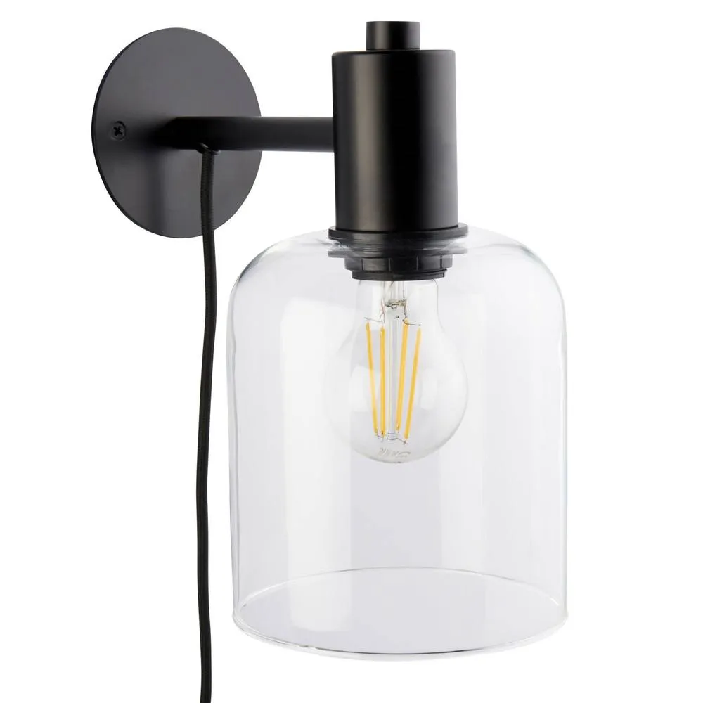 First Choice Lighting Maxton - Black with Clear Glass Plug In Wall Lamp