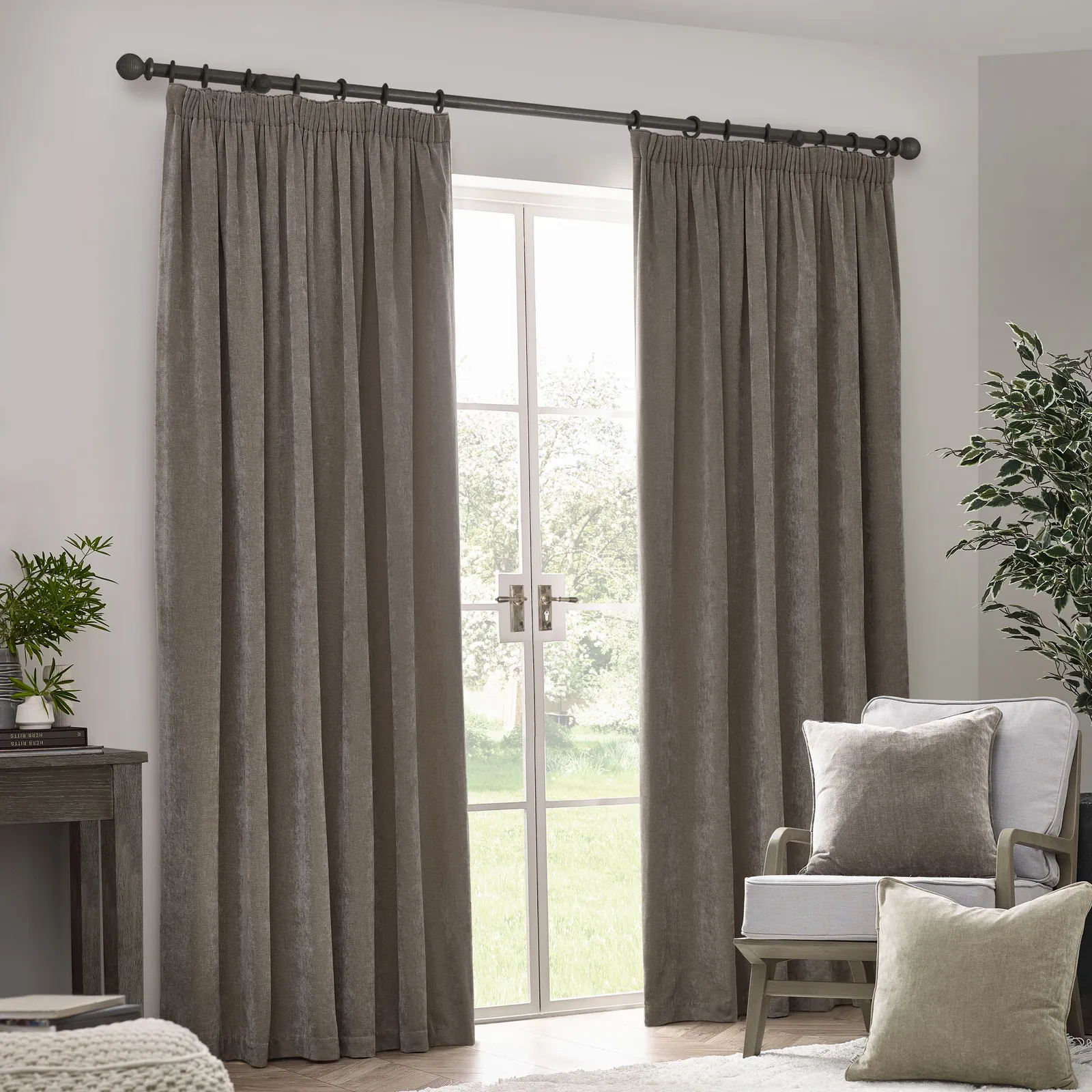 Yard Heavy Chenille Velvet Room Darkening Pencil Pleat Curtain Pair in Taupe 2
