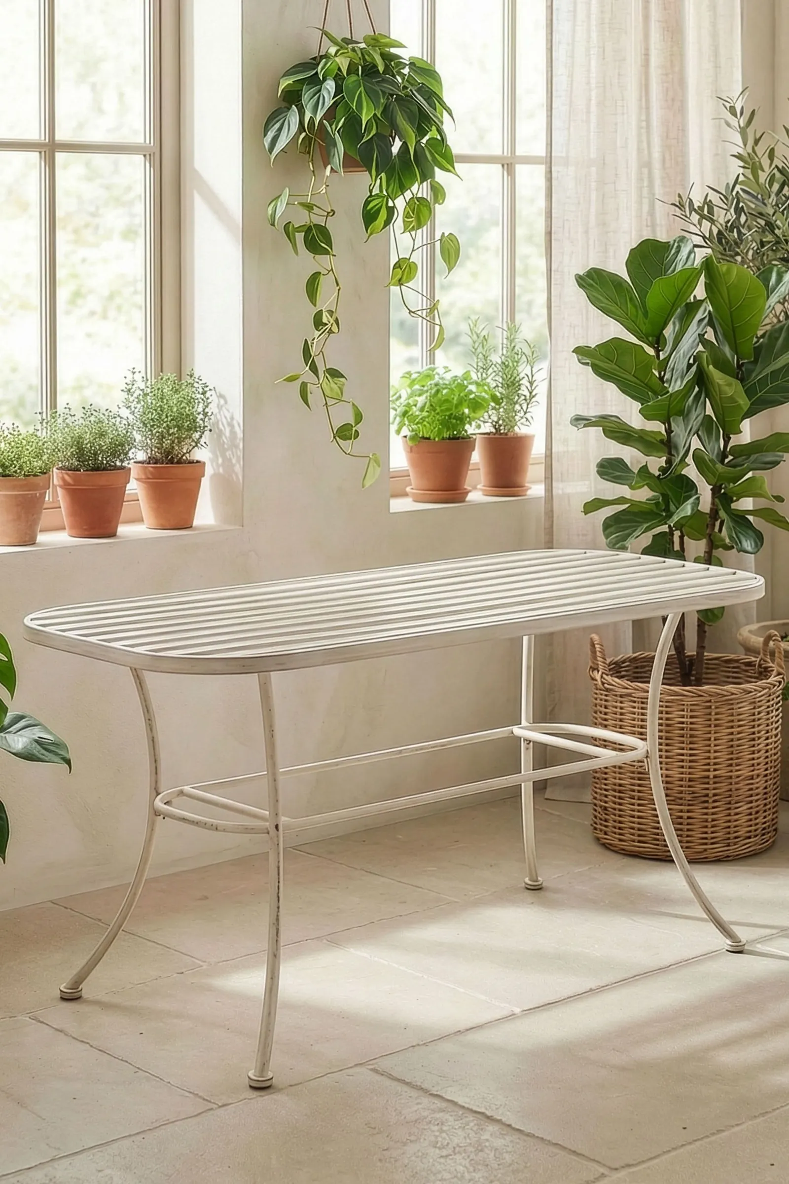 Dibor Vintage Cream Iron Slatted Summer Indoor Outdoor Garden Furniture Coffee Table in White 3