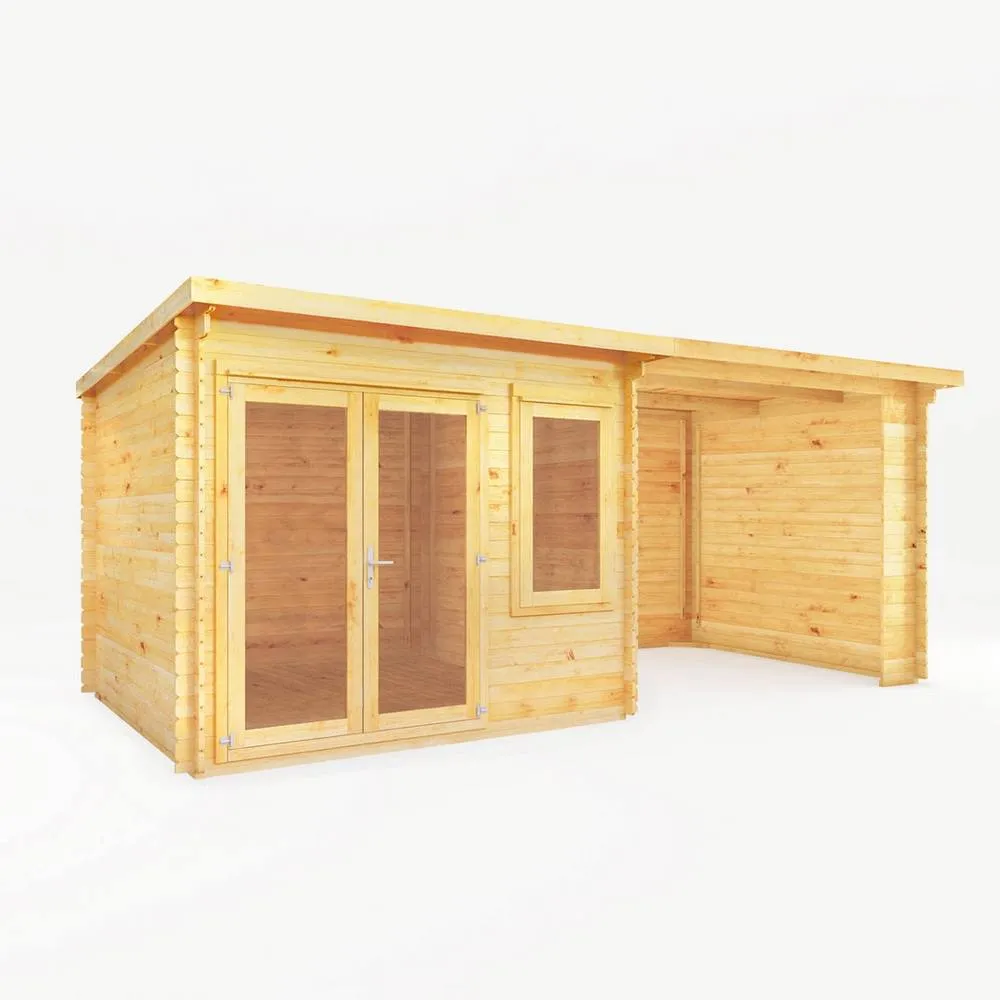 Mercia Elite Pent 28 mm Log Cabin w/ Patio Area, L333.5 x W590.6 x H249.4 cm in Light Tan