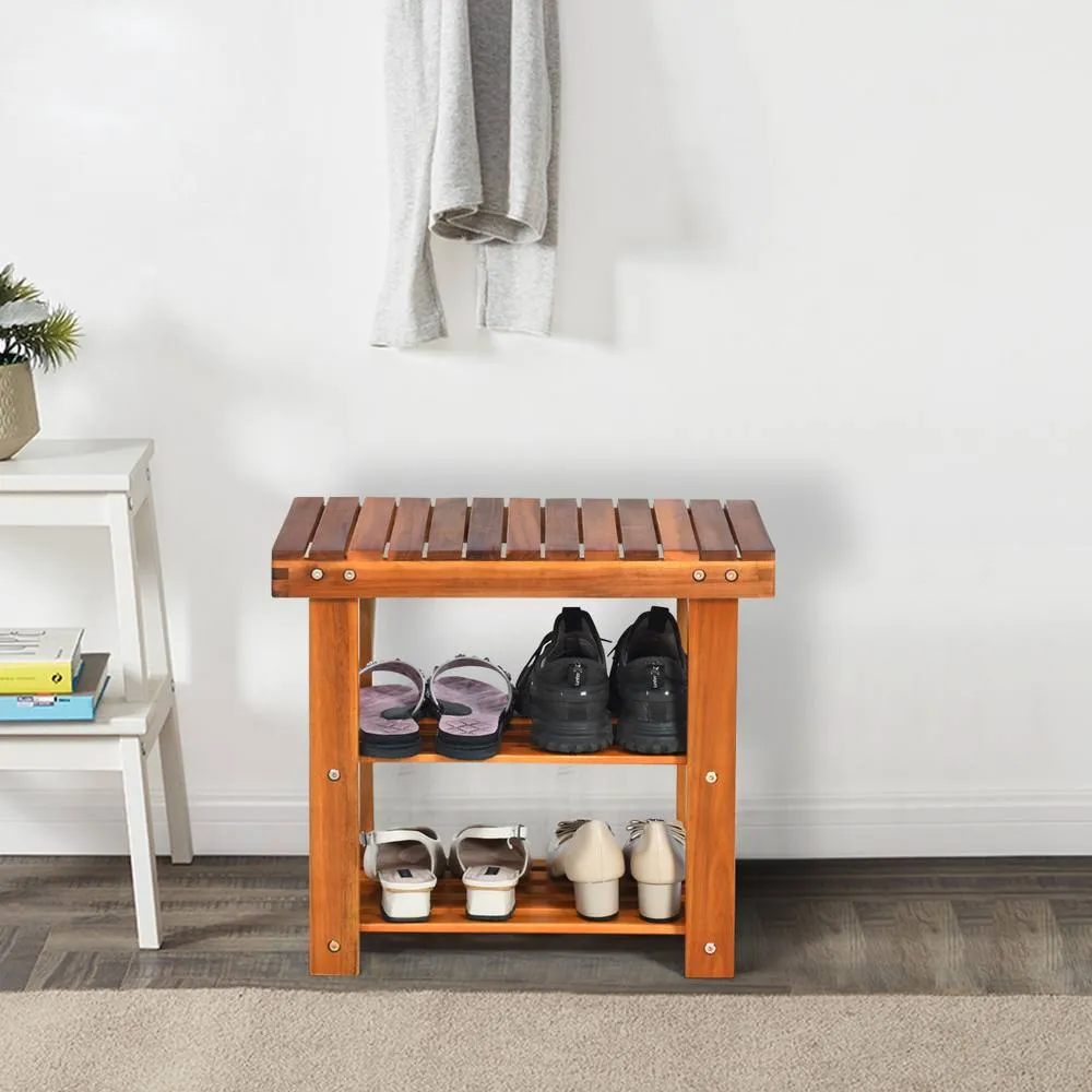 Costway Acacia Wood Shoe Rack Bench 3-Tier Shoe Organizer 50x28x45cm in Brown 5