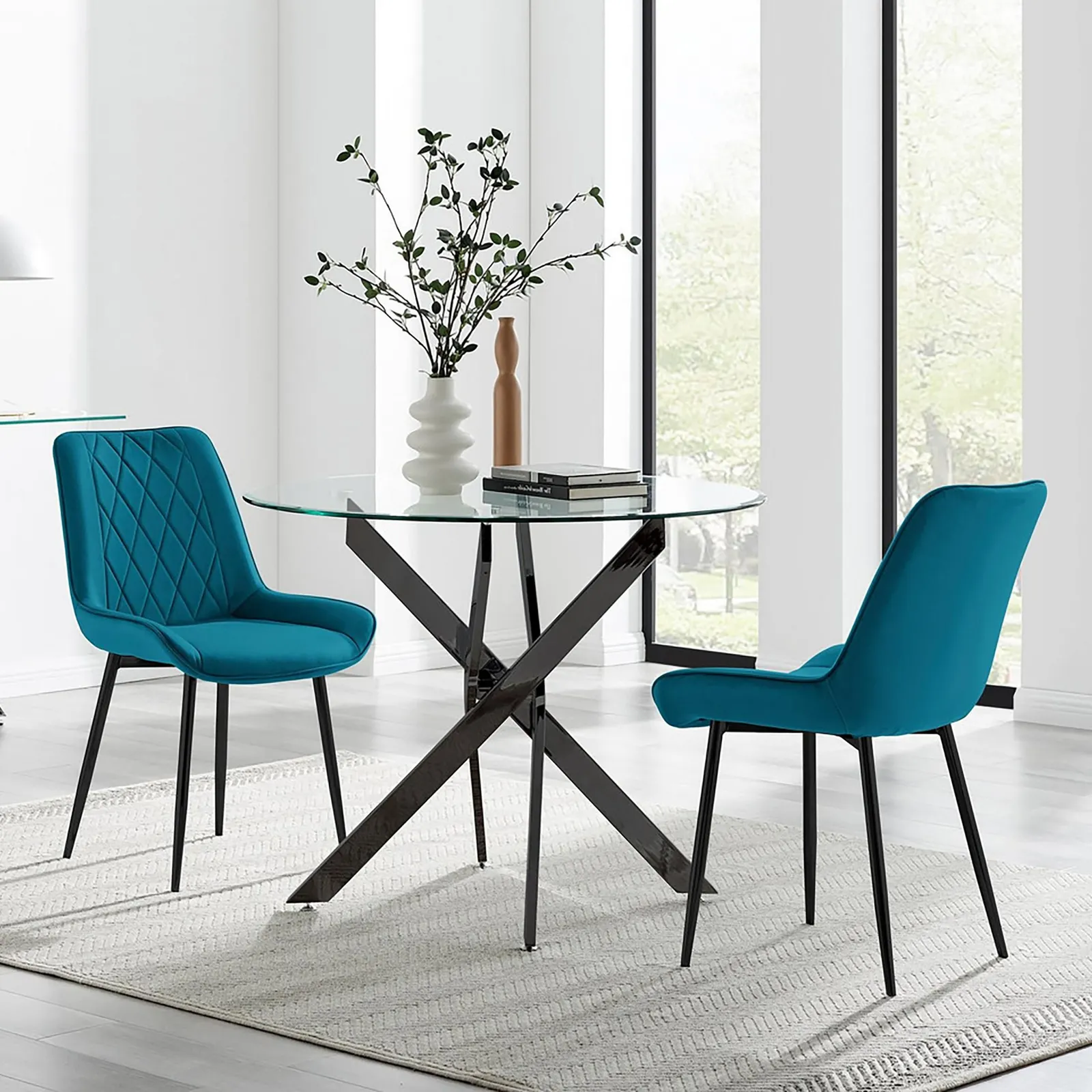 FurnitureboxUK Novara 100cm Round Black Leg Dining Table & 2 Pesaro Black Leg Chairs in Blue