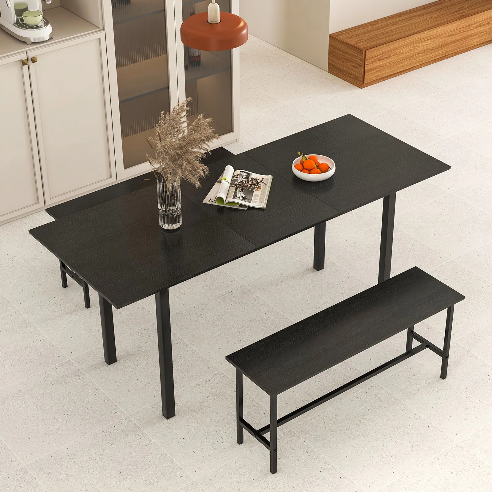 Costway 3 Pcs 160cm Dining Table Set for 4 6 Extendable Kitchen Table Set with 2 Benches in Black 5