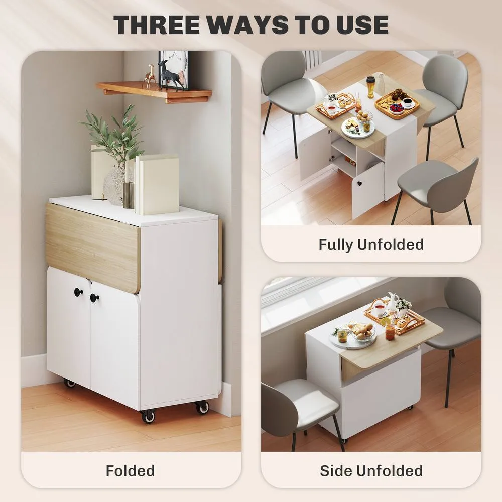 HOMCOM Folding Dining Table, Rolling Drop Leaf Table with Hidden Shelf in White 4