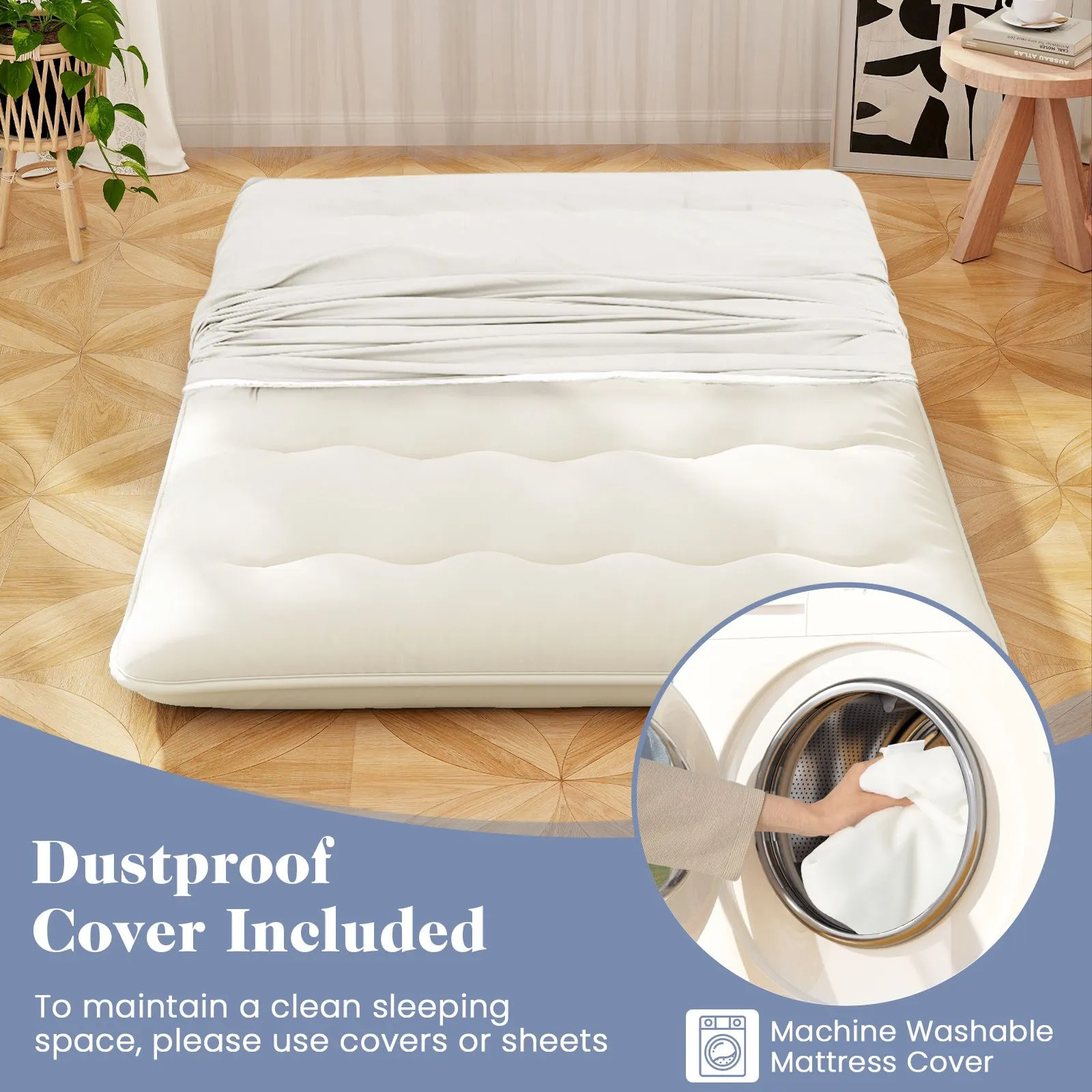 Costway Foldable Tatami Mat Floor Futon Mattress Roll up Sleeping Pad with Washable Cover, Small Double/Double/King Size in Beige 6