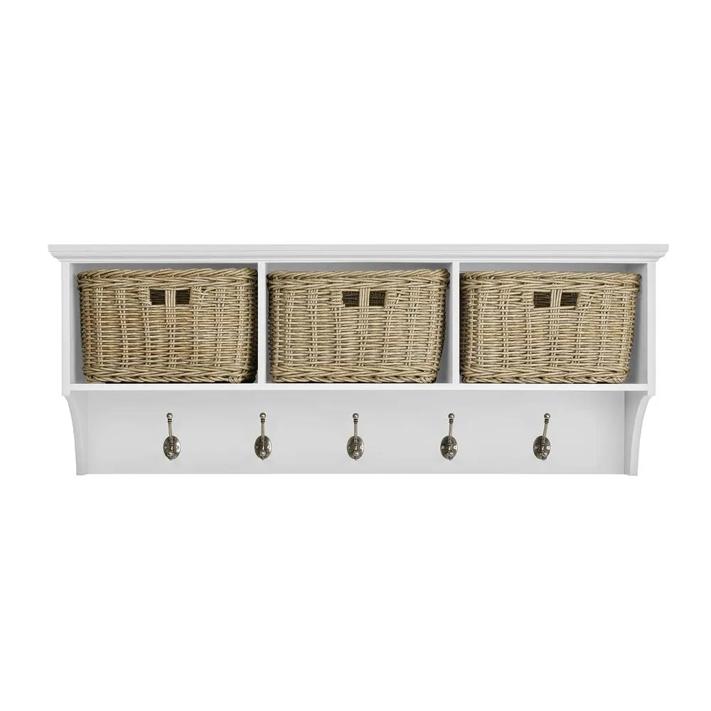Statement Furniture Tetbury Large Coat Rack / Shelf with 3 Brown Faux Wicker Baskets in White