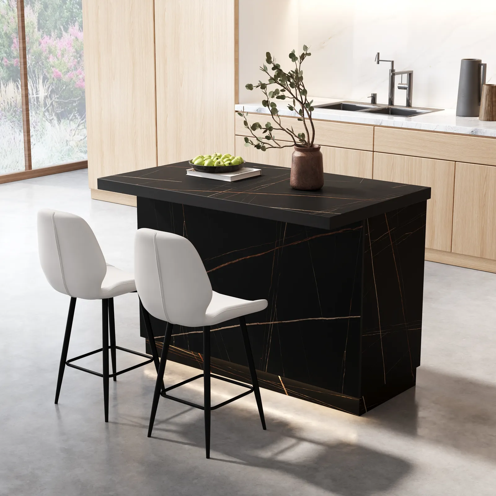 1270mm Japandi Kitchen lsland  Black Wooden Storage Kitchen Cabinet with Light