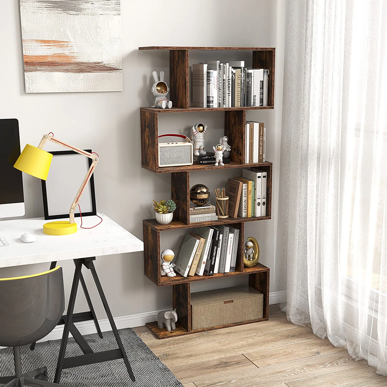 Costway 5-tier Bookcase S-Shaped Bookshelf Wooden Storage Display Rack in Brown 4