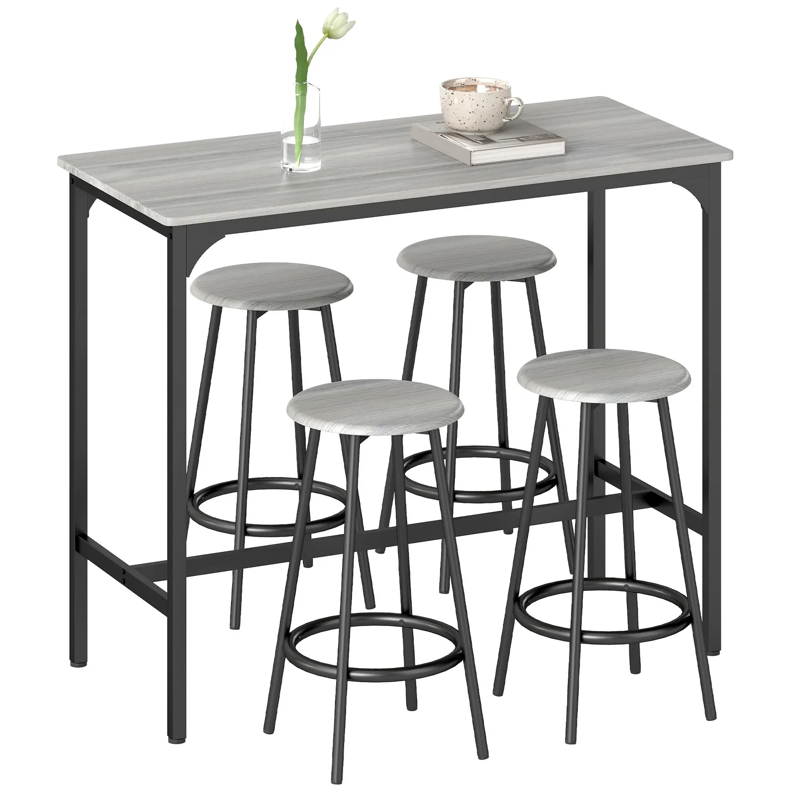 HOMCOM 5 Piece Bar Table & Stools Set with Metal Frame in Grey 2