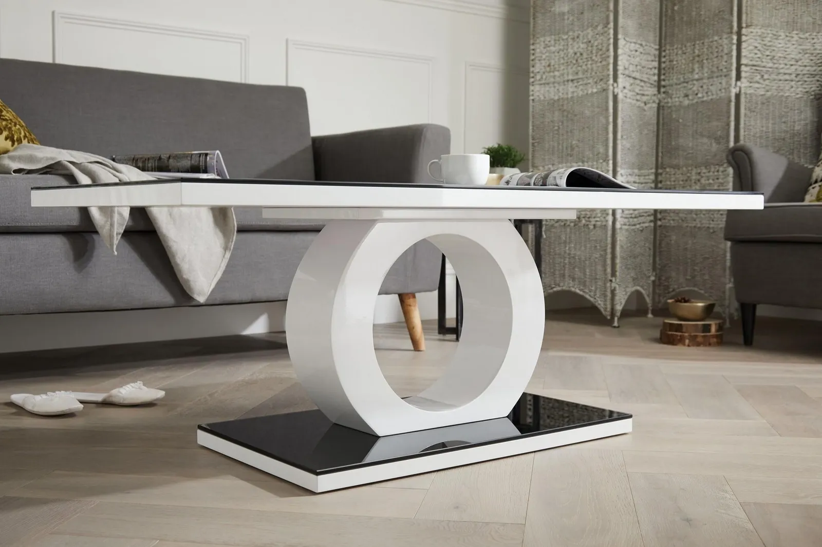 FurnitureboxUK Giovani Rectangular White High Gloss Coffee Table with Glass Top & Unique Halo Structural Plinth Base Design in Black 2