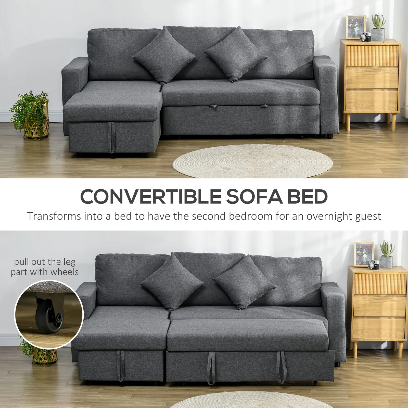 HOMCOM 3 Seater Corner Sofa Bed with Storage Reversible Chaise Dark Grey 4