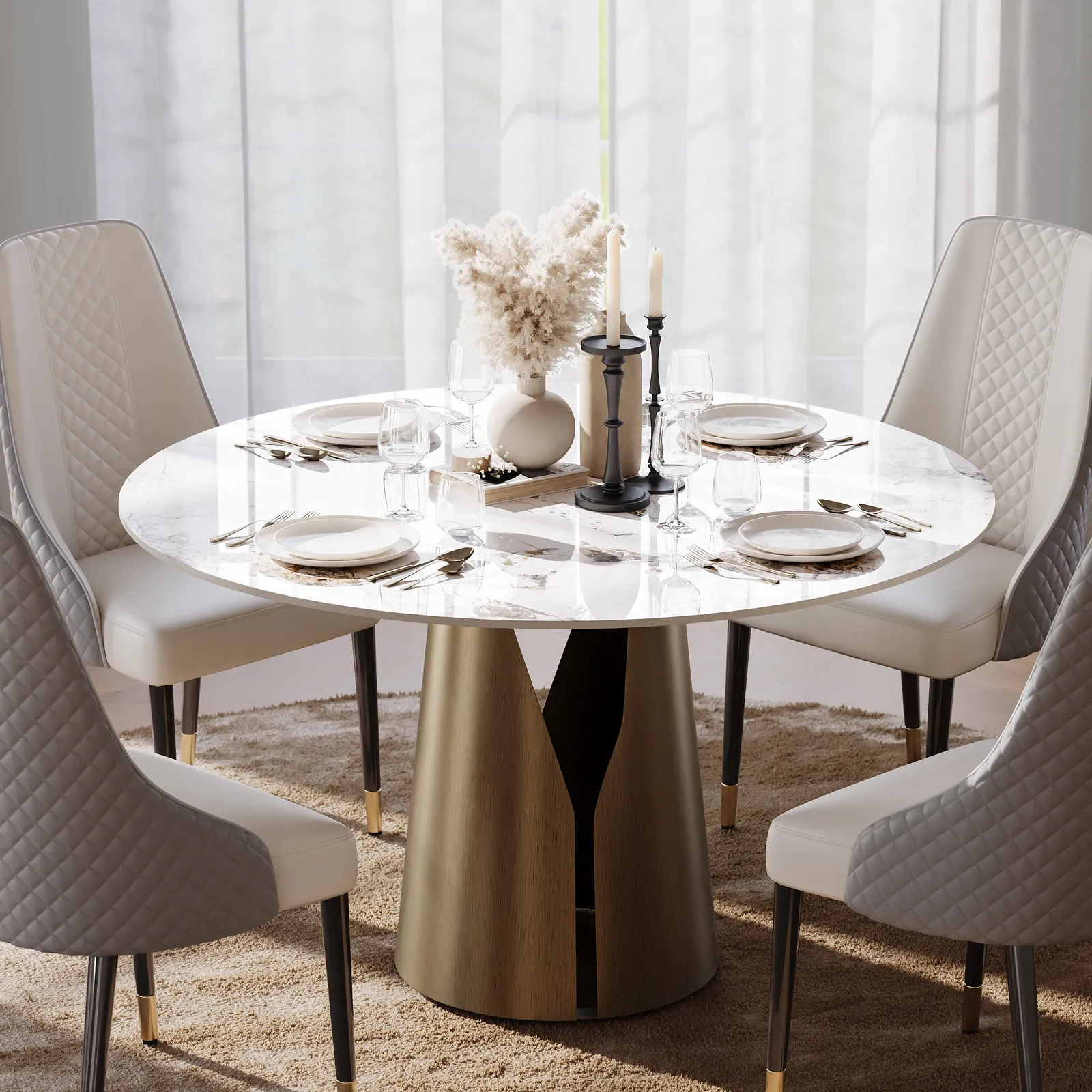 120 cm Faux Marble Round Dining Table with Carbon Steel Base for 4 People