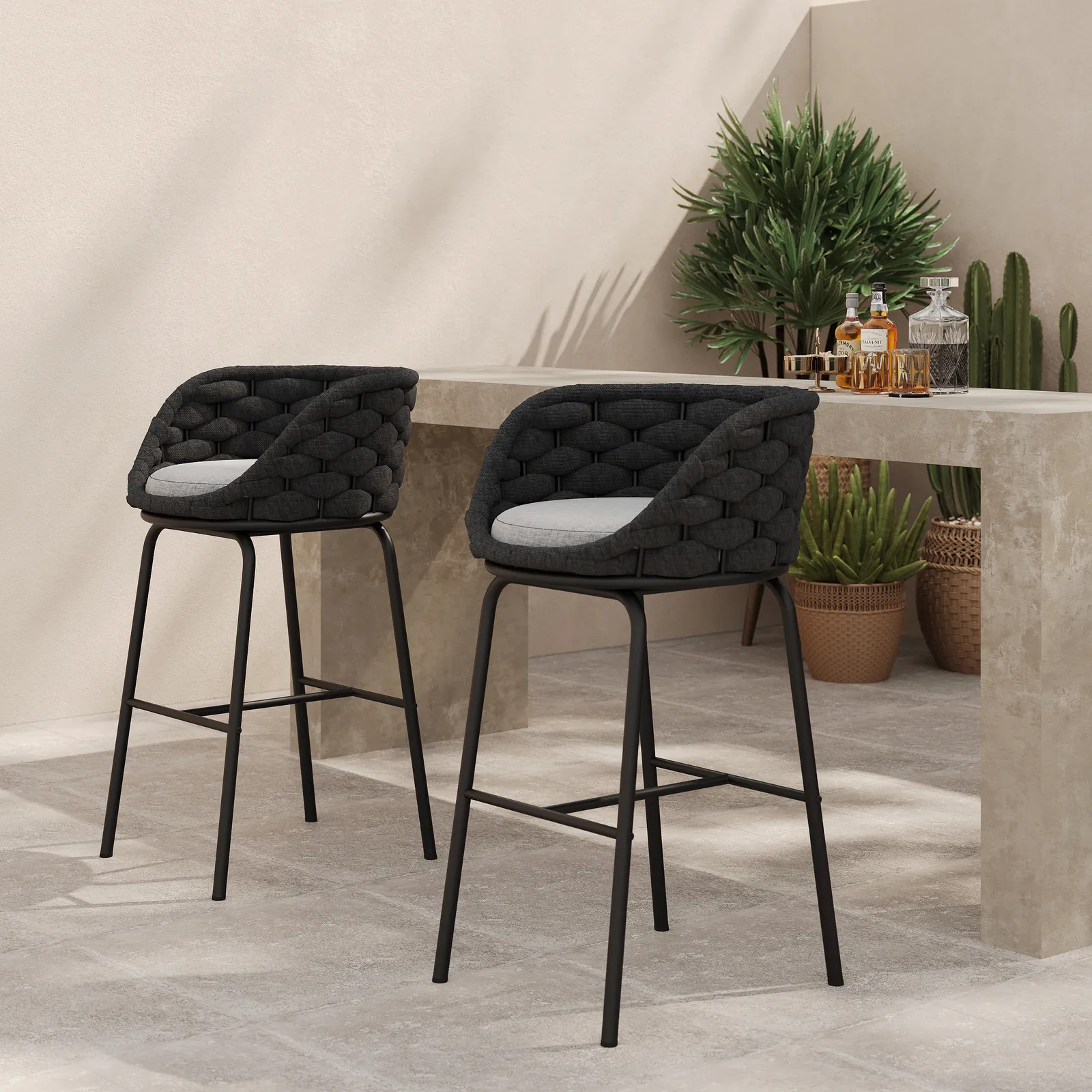 2 Pieces Outdoor Chair Patio Woven Rope & Aluminium 100 cm Bar Stools Set with Backs