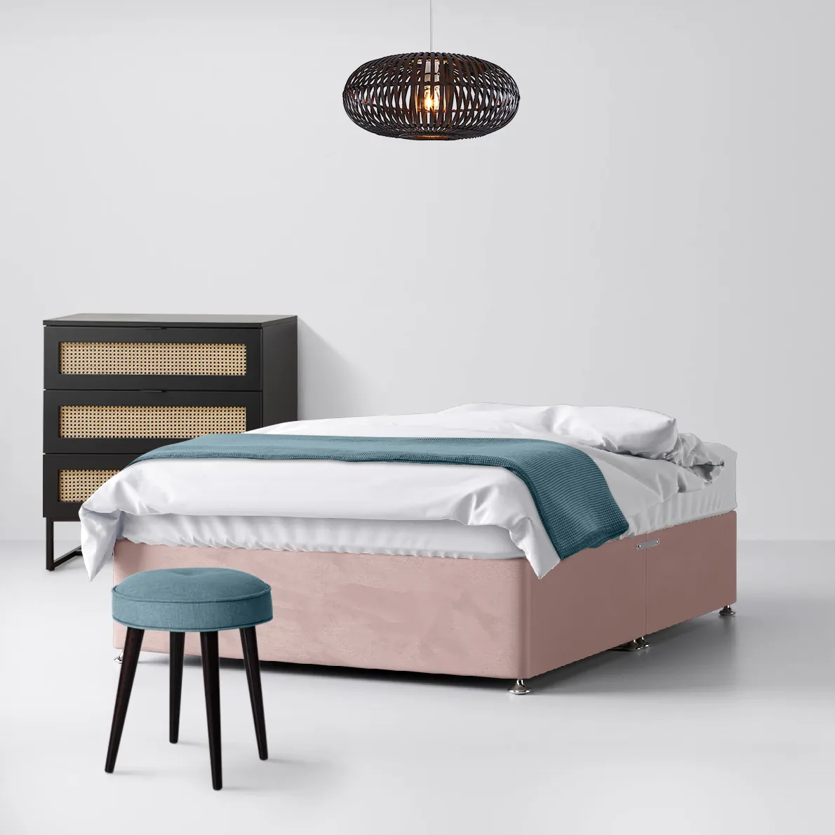 Classic Pink Velvet Fabric 2 Drawer Same Side Divan Bed - 4ft Small Double