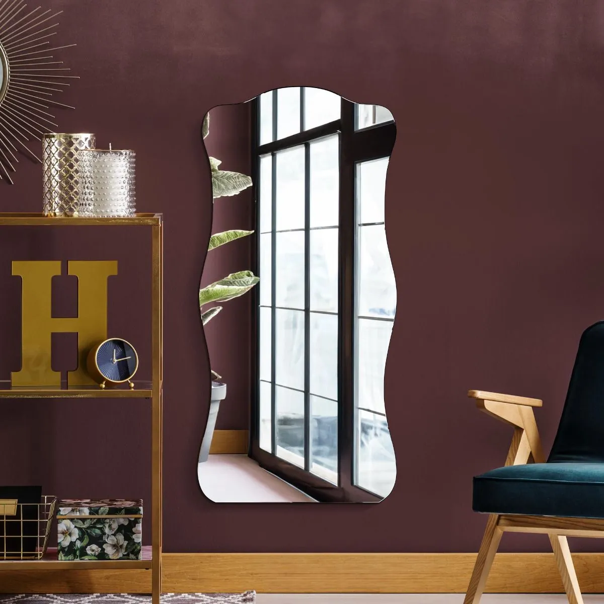 MirrorOutlet Wavy Rippled Large Leaner wall Mirror on Black Backing 63" X 29" (160x75CM). Premium Glass Mirror with Polished Edges