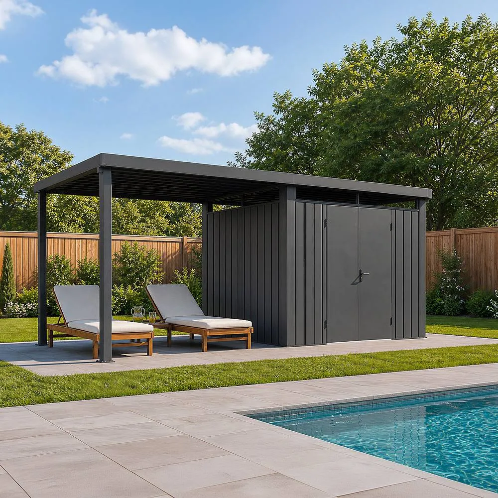 Vente-unique Galvanised Steel Metal Garden Shed 6.25 M² With Lean-To - Anthracite in Dark Grey