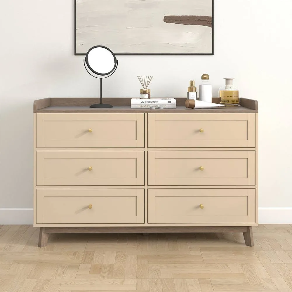 Melody Maison Large Cream & Wood 6 Drawer Chest Of Drawers - Oswin Range 6