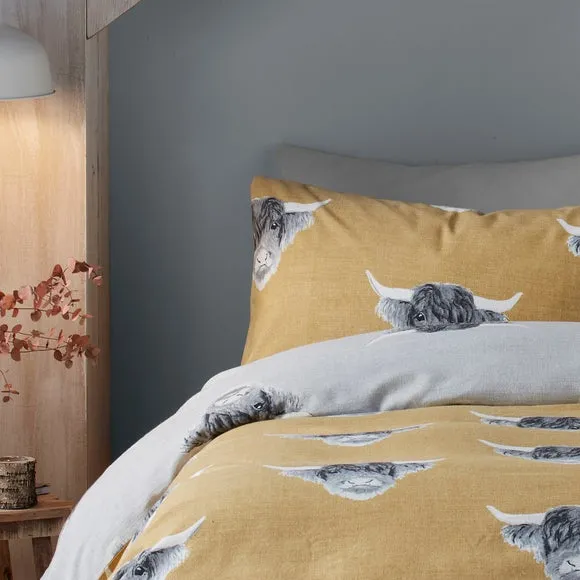 Fusion Snug Highland Cow Ochre Duvet Cover and Pillowcase Set 2