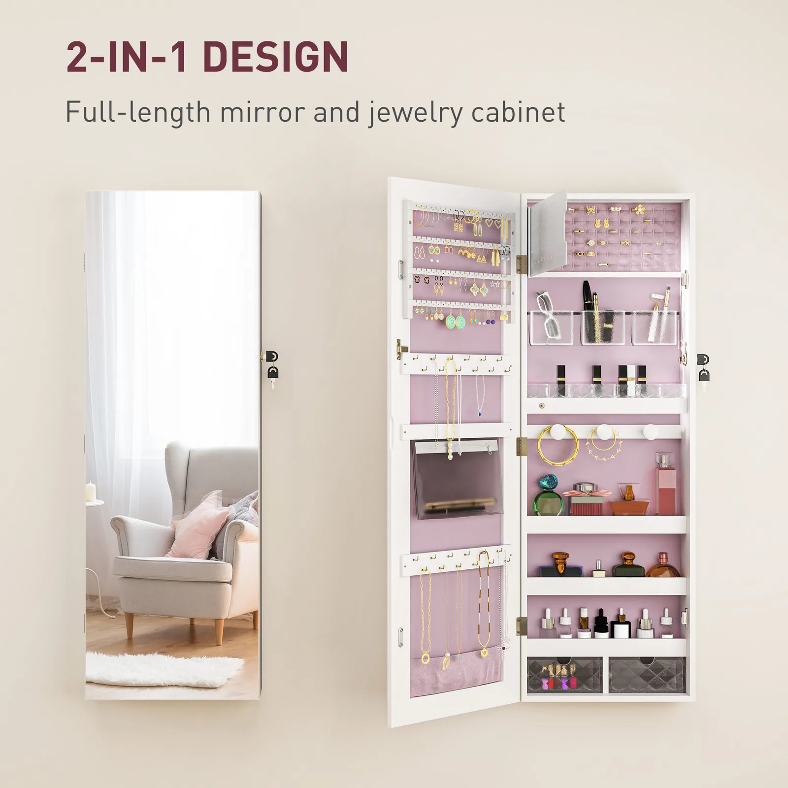 HOMCOM Door Hanging or Wall Mounted Jewellery Cabinet w/ Mirror in White 4