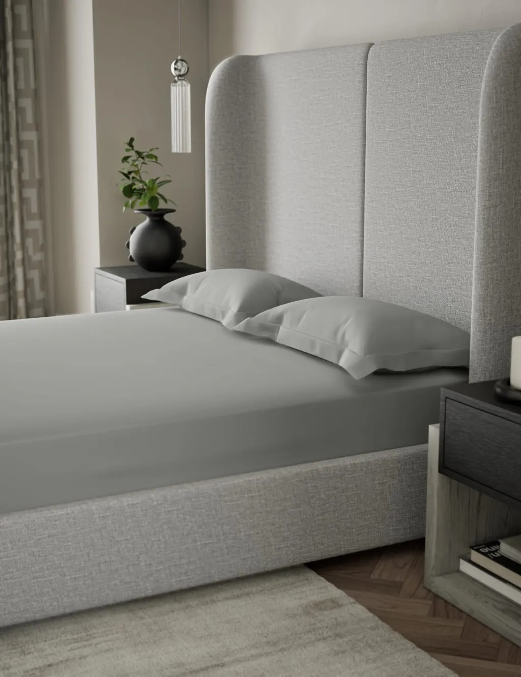 M&S X Kelly Hoppen 500TC Cotton Sateen Deep Fitted Sheet Grey