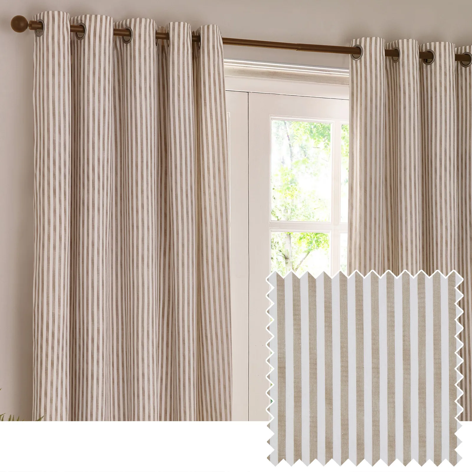 Yard Hebden Striped 100% Cotton Lined Eyelet Curtain Pair in Natural 1