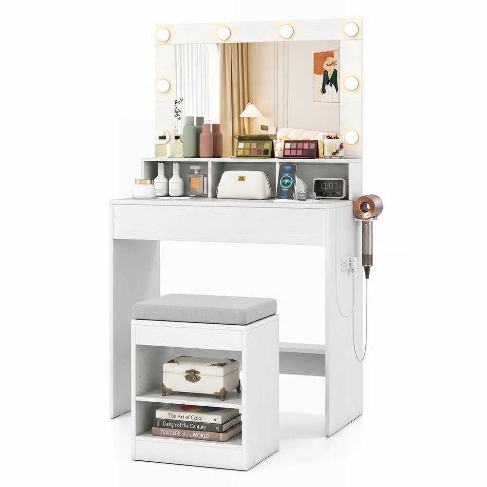 Costway Makeup Vanity Desk Set w/Mirror &Lights Dressing Table w/Stool &Drawer in White