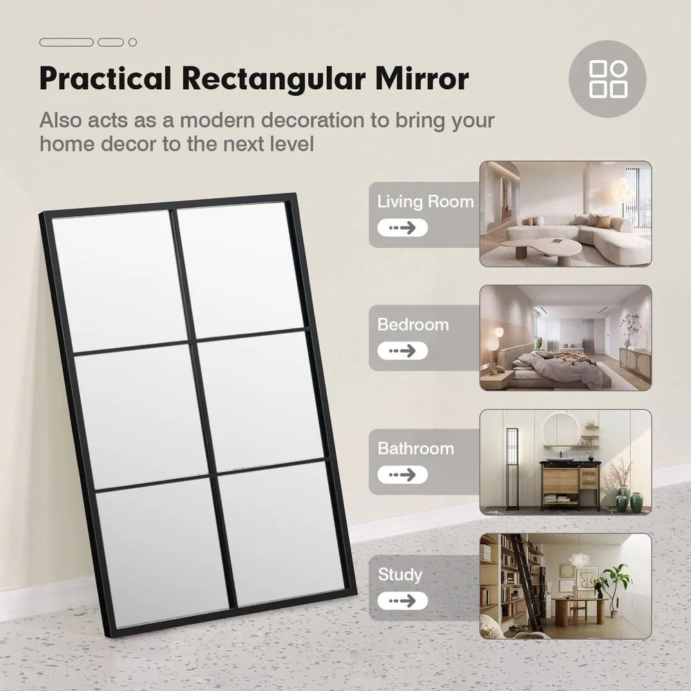 Costway Windowpane Hanging Mirror Wall Mounted Mirror Steel Frame in Black 6