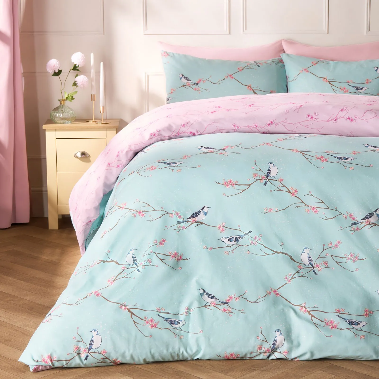 OHS Blossom Bird Reversible Duvet Cover with Pillowcase Bedding Set in Duck Egg Blue