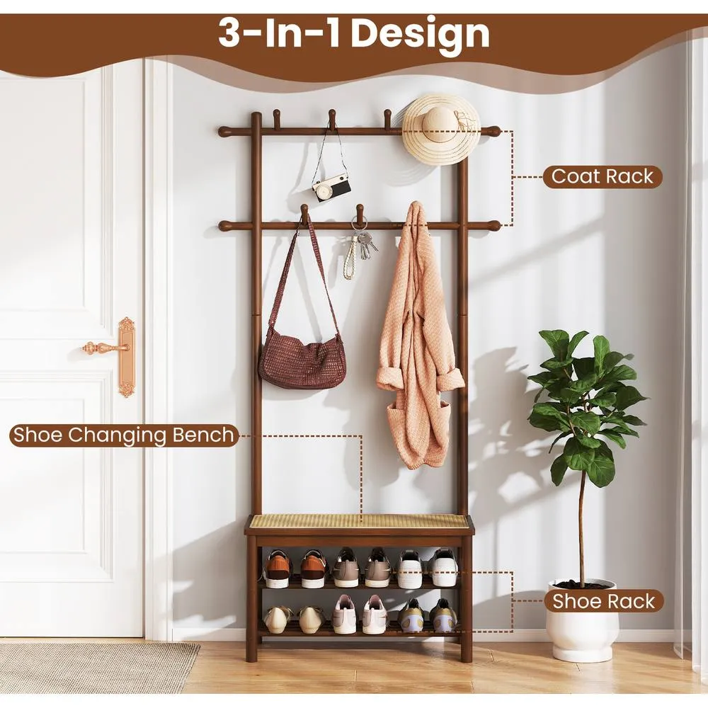 Costway Bamboo Coat Rack PE Rattan Hall Tree with Bench & Shoe Storage-Brown in Brown 6