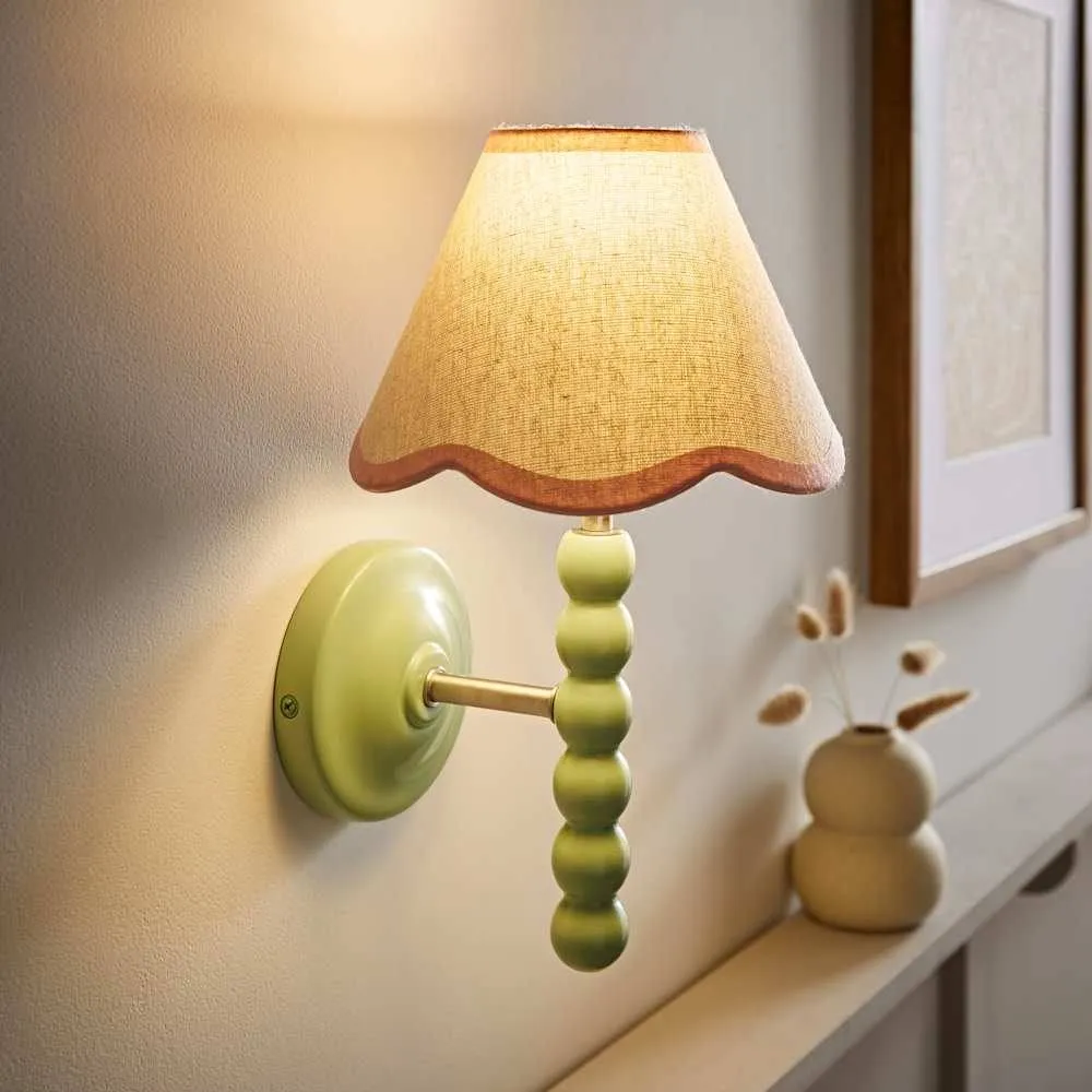 ValueLights Bobbins Pair of Green Wall Lights & Linen Trim Lamp Shades & Bulbs in Pale Pink 3