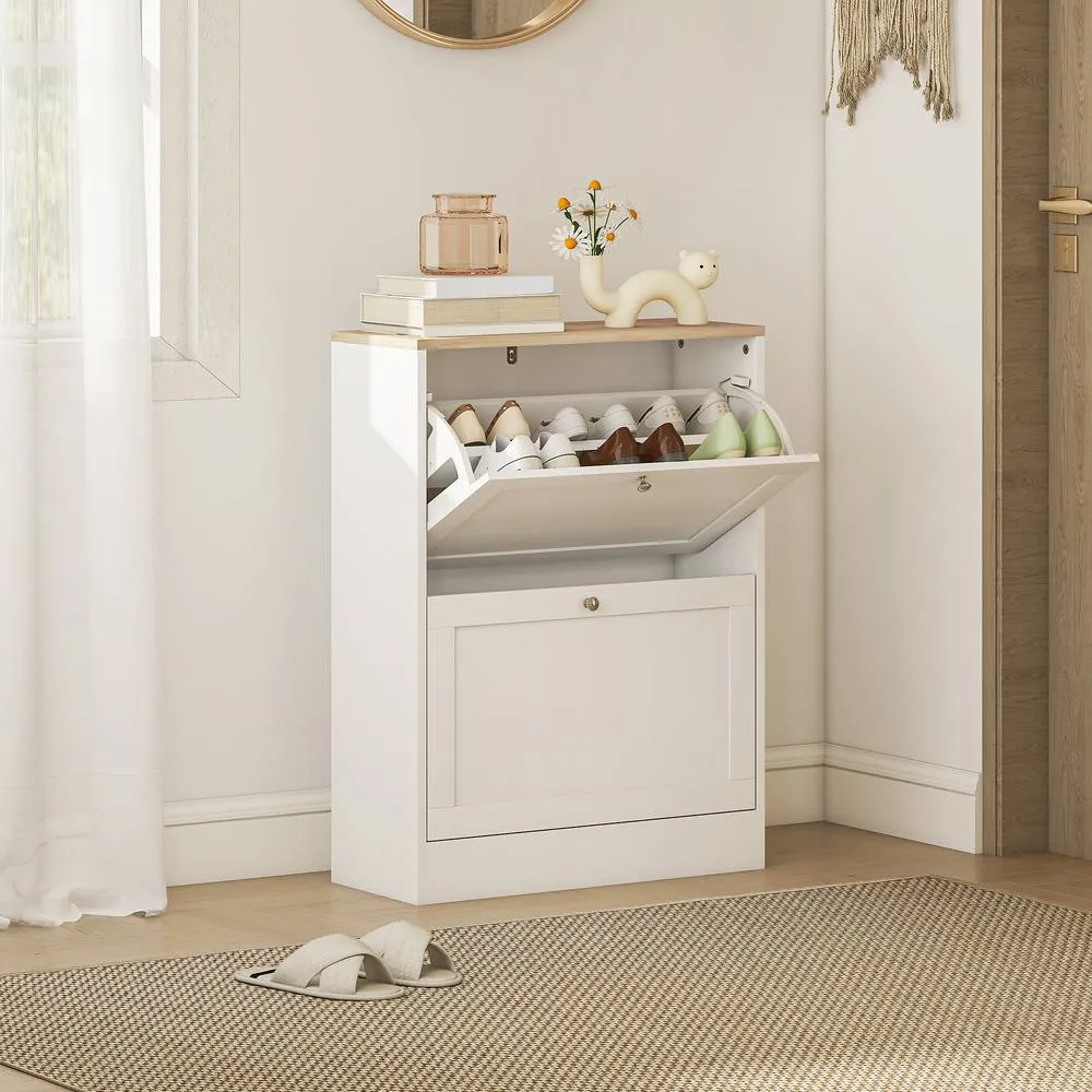 HOMCOM 2 Flip Drawer Narrow Shoe Cabinet with Adjustable Shelves, White