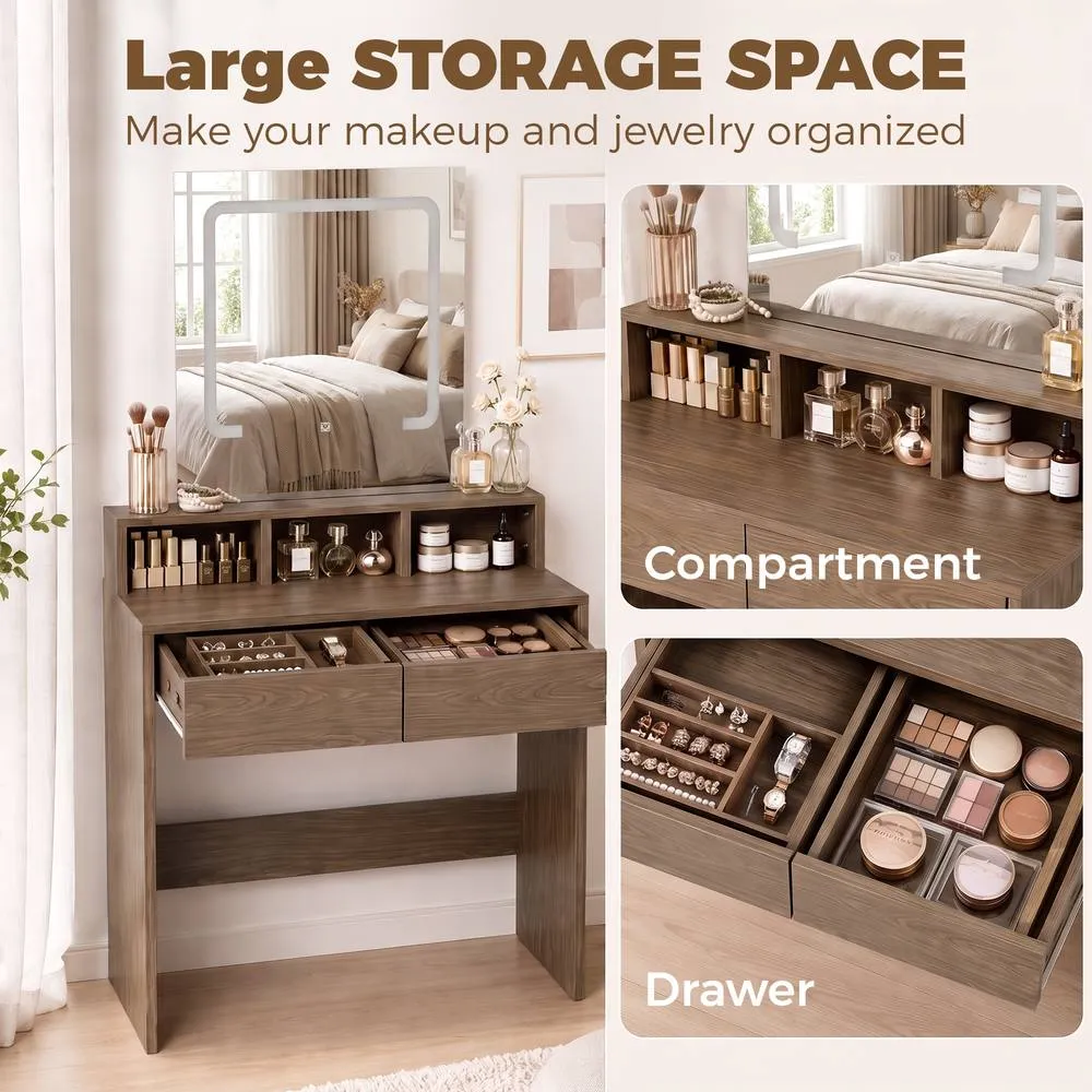 HOMCOM Dressing Table with Mirror, LED Lights, Drawers, for Bedroom, Walnut 5